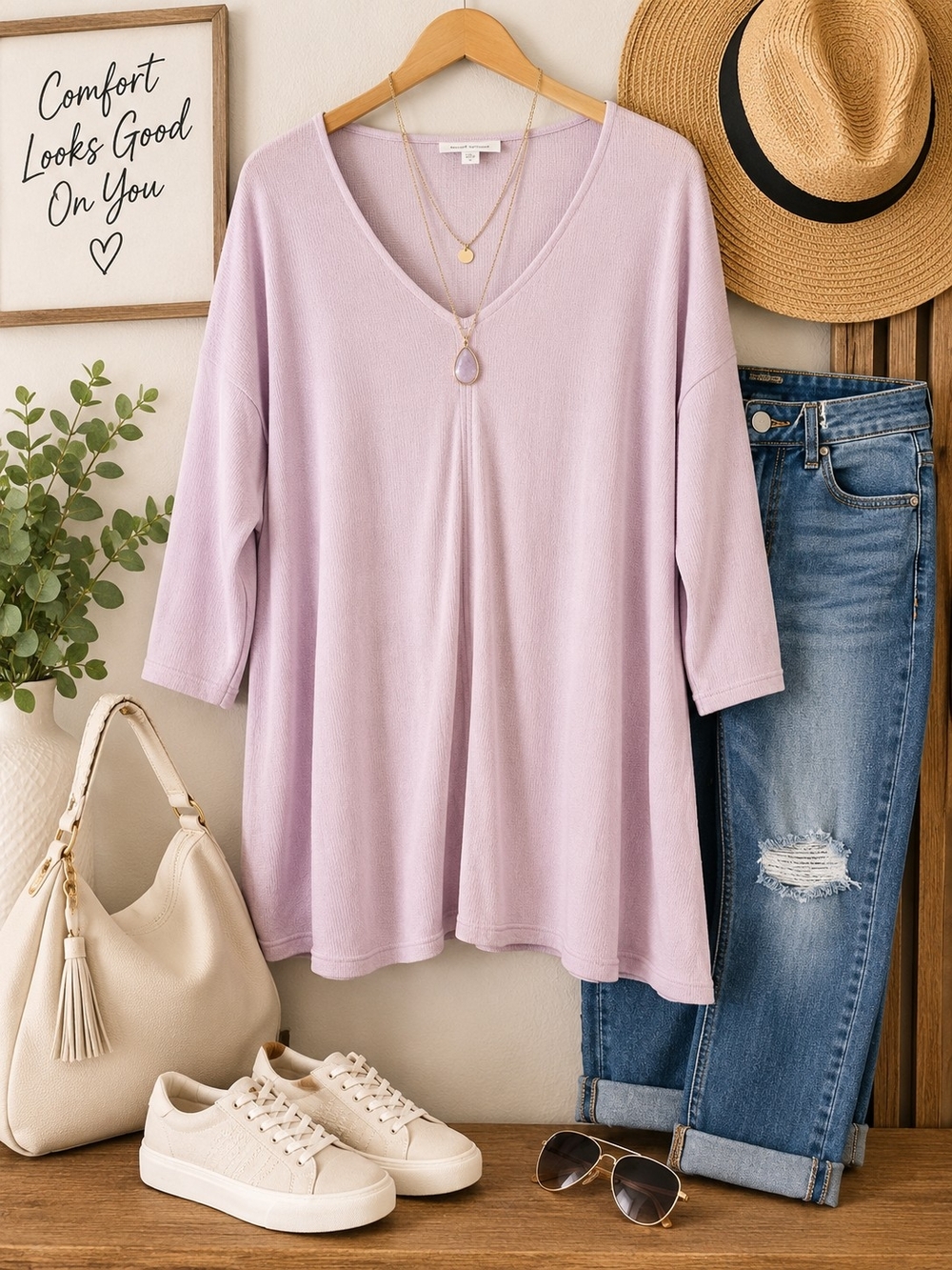 Pure Jill Soft Lavender V-Neck Knit Tunic Top